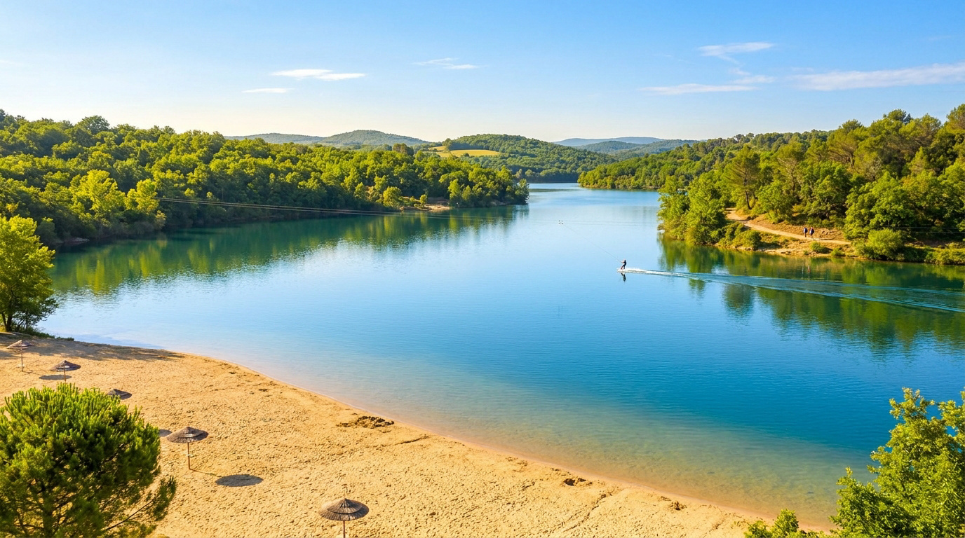 Vue panoramique du Lac de la Cavayère avec plage, forêt, wakeboarder sur l'eau bleue et sentier de randonnée ensoleillé.