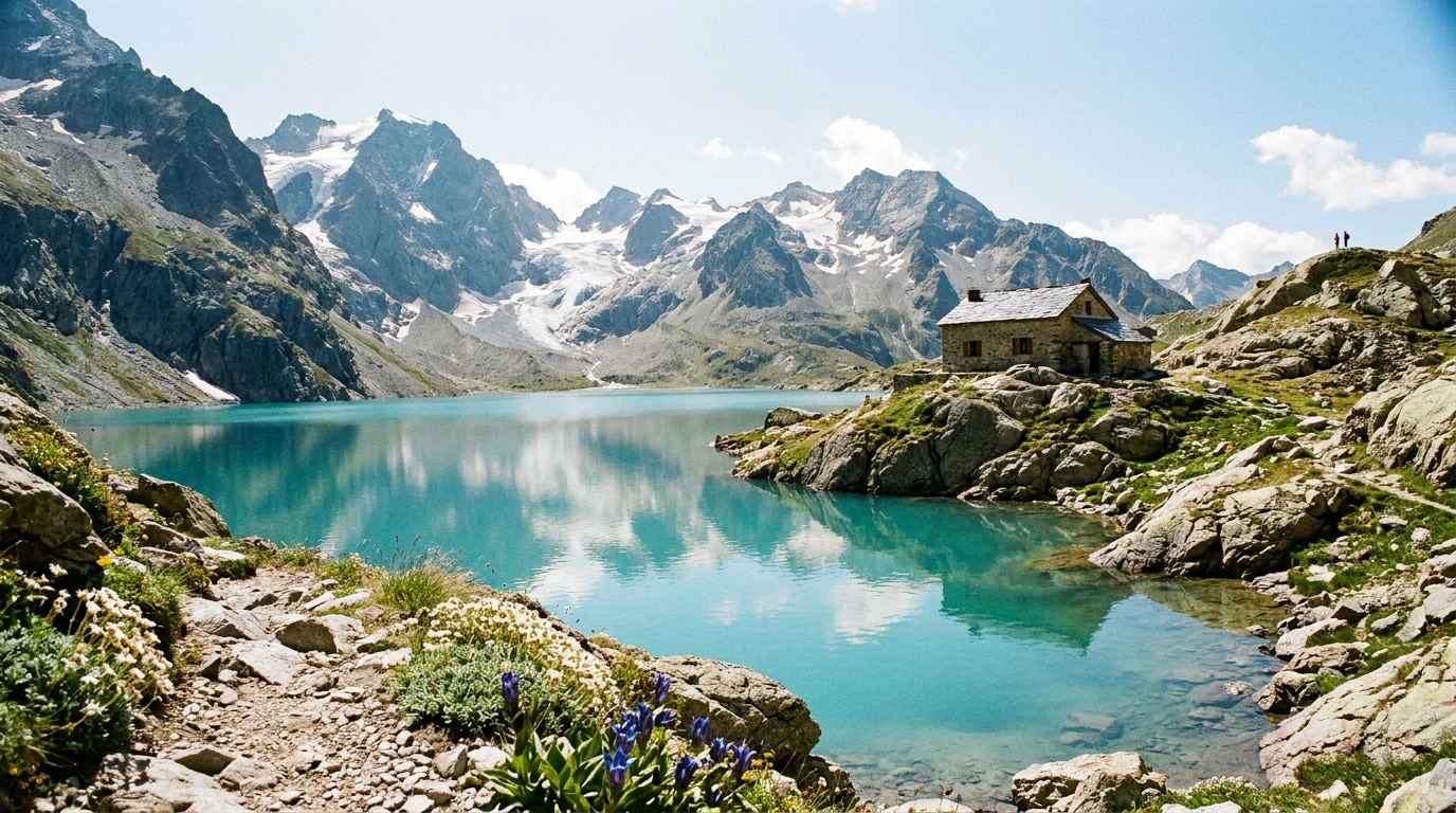 Vue panoramique sur le lac turquoise de la Muzelle, un refuge en pierre et les montagnes enneigées des Écrins sous un ciel bleu.