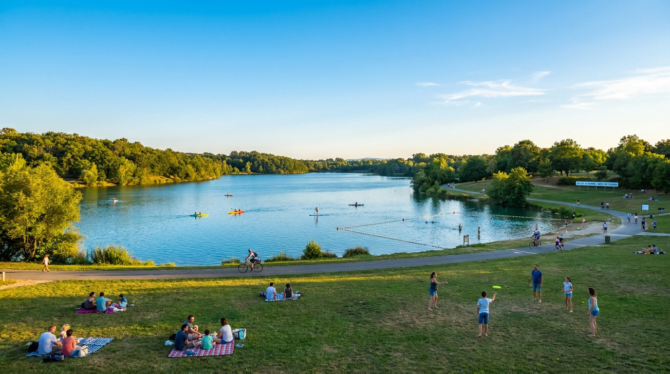 Lac de la Ramée à Toulouse : plan d'eau bleu avec kayaks, baigneurs, cyclistes et familles pique-niquant sur les pelouses.