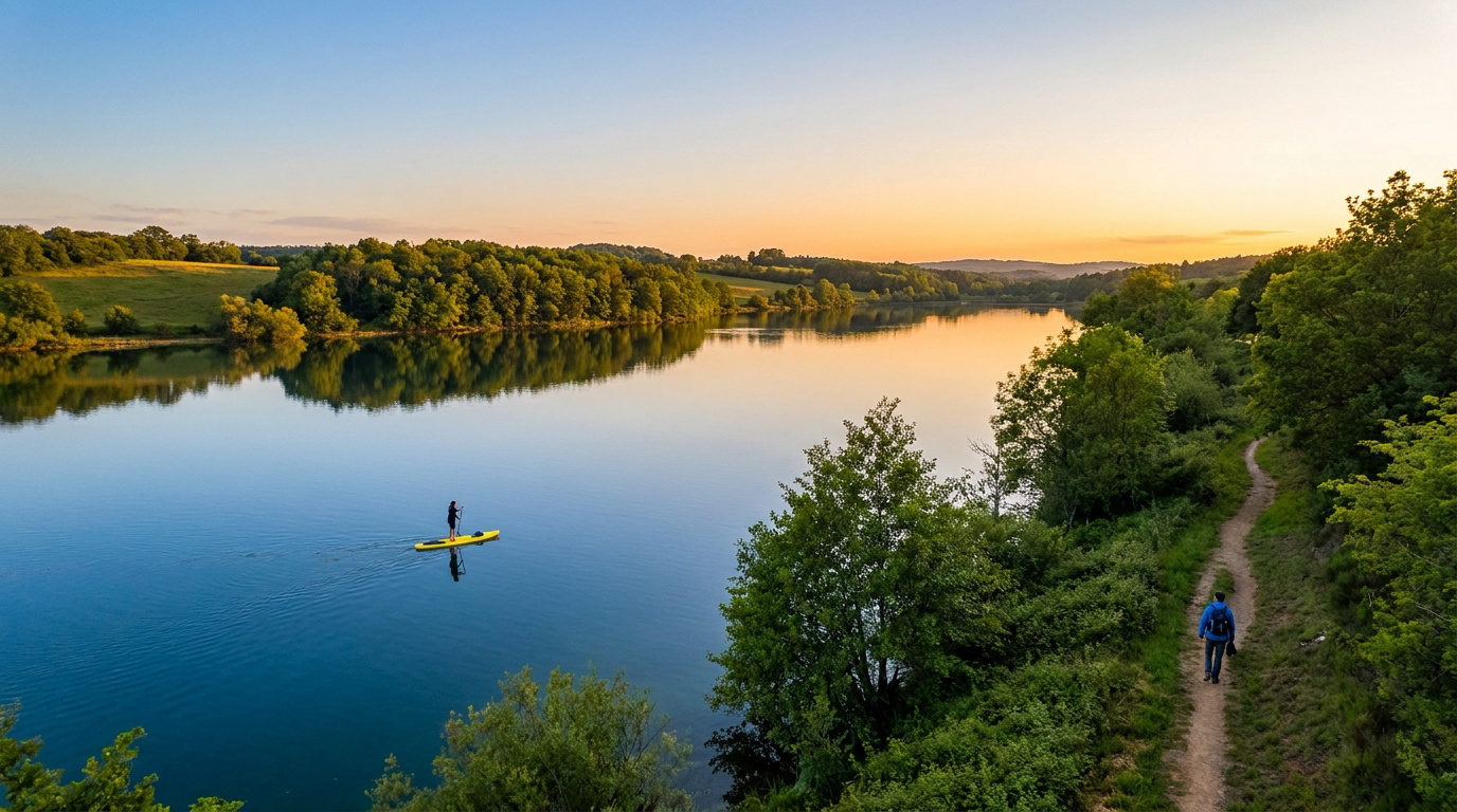 Vue aérienne d'un lac au coucher du soleil avec un paddleboarder et un randonneur sur un chemin boisé le long de la rive.