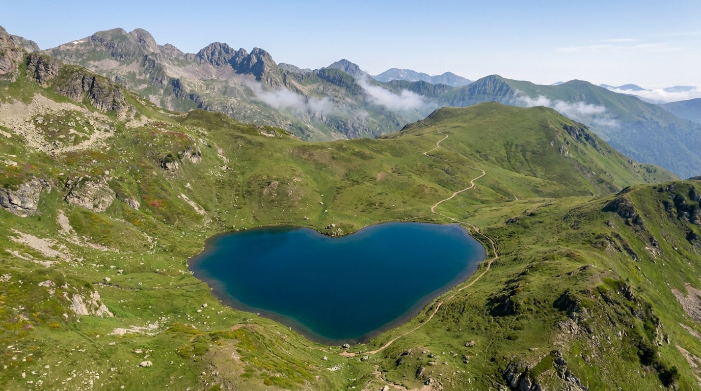 Vue aérienne du lac Montagnon en forme de cœur, entouré de montagnes verdoyantes avec un sentier de randonnée sinueux.