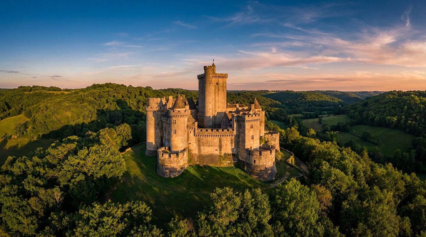 Vue aérienne du Château de Bonaguil, une forteresse médiévale entourée de forêts verdoyantes sous un ciel crépusculaire.