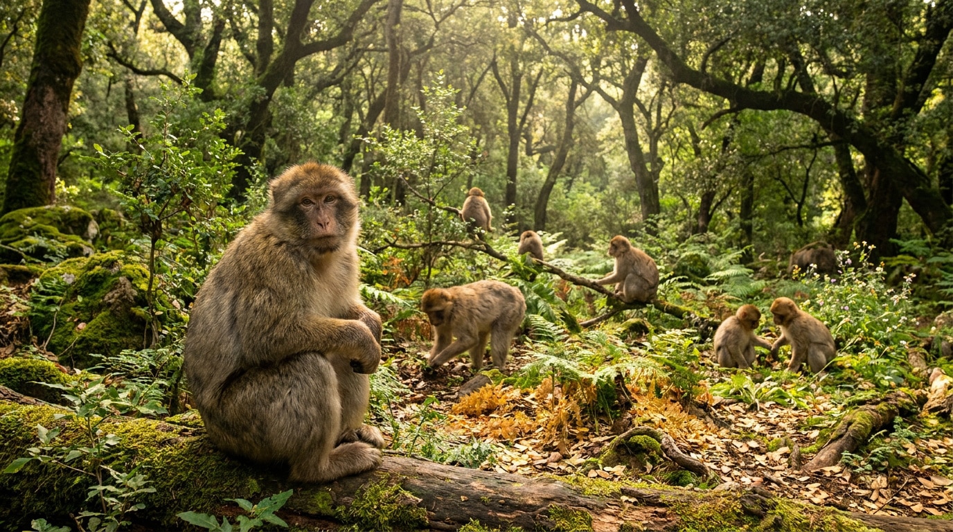 Un macaque de Barbarie assis au premier plan, d'autres macaques dans une forêt verdoyante baignée de lumière.