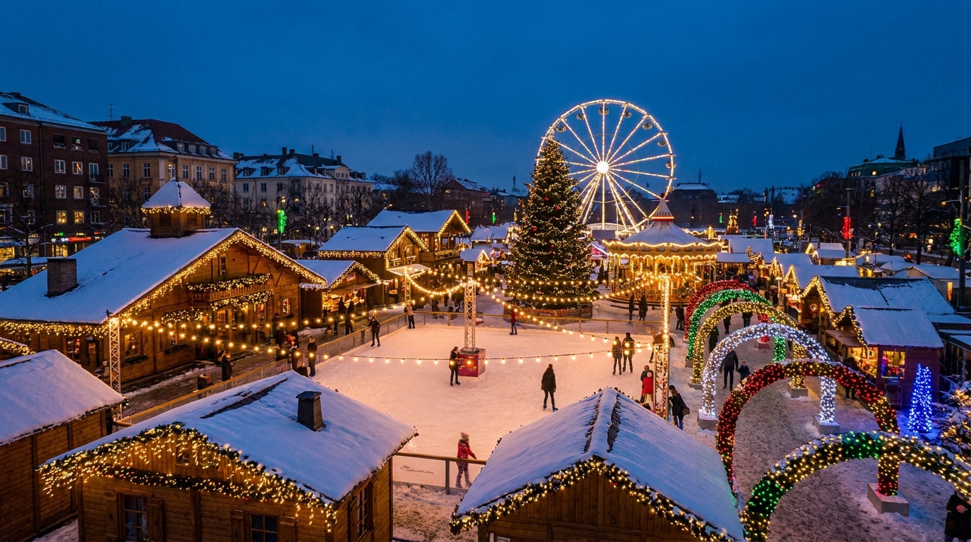 Vue aérienne d'un marché de Noël enneigé au crépuscule. Patinoire, grande roue, sapin illuminé et chalets festifs.