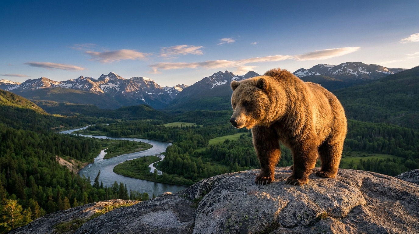 Un ours brun majestueux sur un rocher, dominant une vallée luxuriante avec rivière sinueuse et montagnes enneigées sous un ciel bleu.