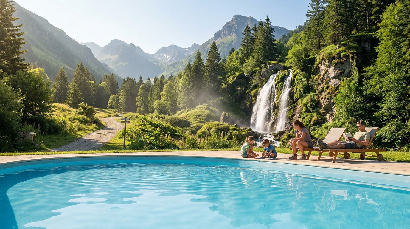 Famille près d'une piscine avec cascade, montagnes et forêt luxuriante en arrière-plan. Un père lit, une mère et enfants jouent.