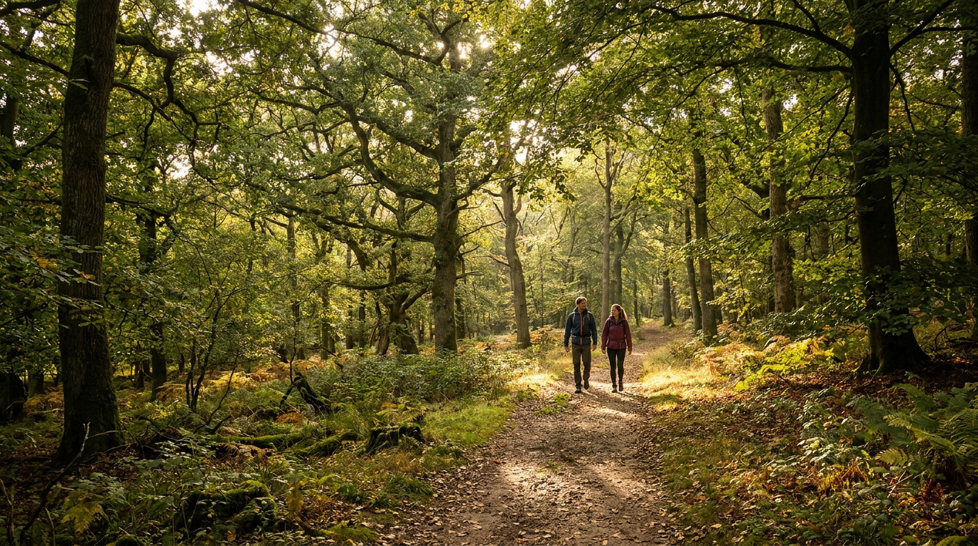 Deux randonneurs sur un chemin ensoleillé traversant une forêt dense avec des feuilles au sol. La lumière filtre à travers les arbres.