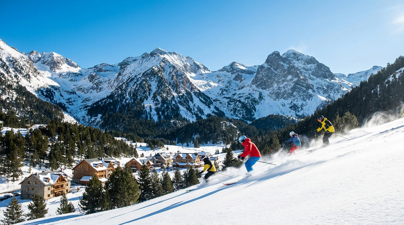 Quatre skieurs dévalent une piste enneigée sous un ciel bleu. Au loin, un village de montagne et de majestueuses Pyrénées.