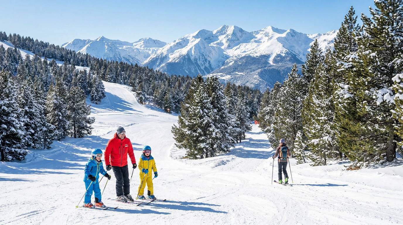 Père et deux enfants en train de skier sur une piste enneigée du Mourtis, avec des montagnes et des forêts de sapins en arrière-plan.