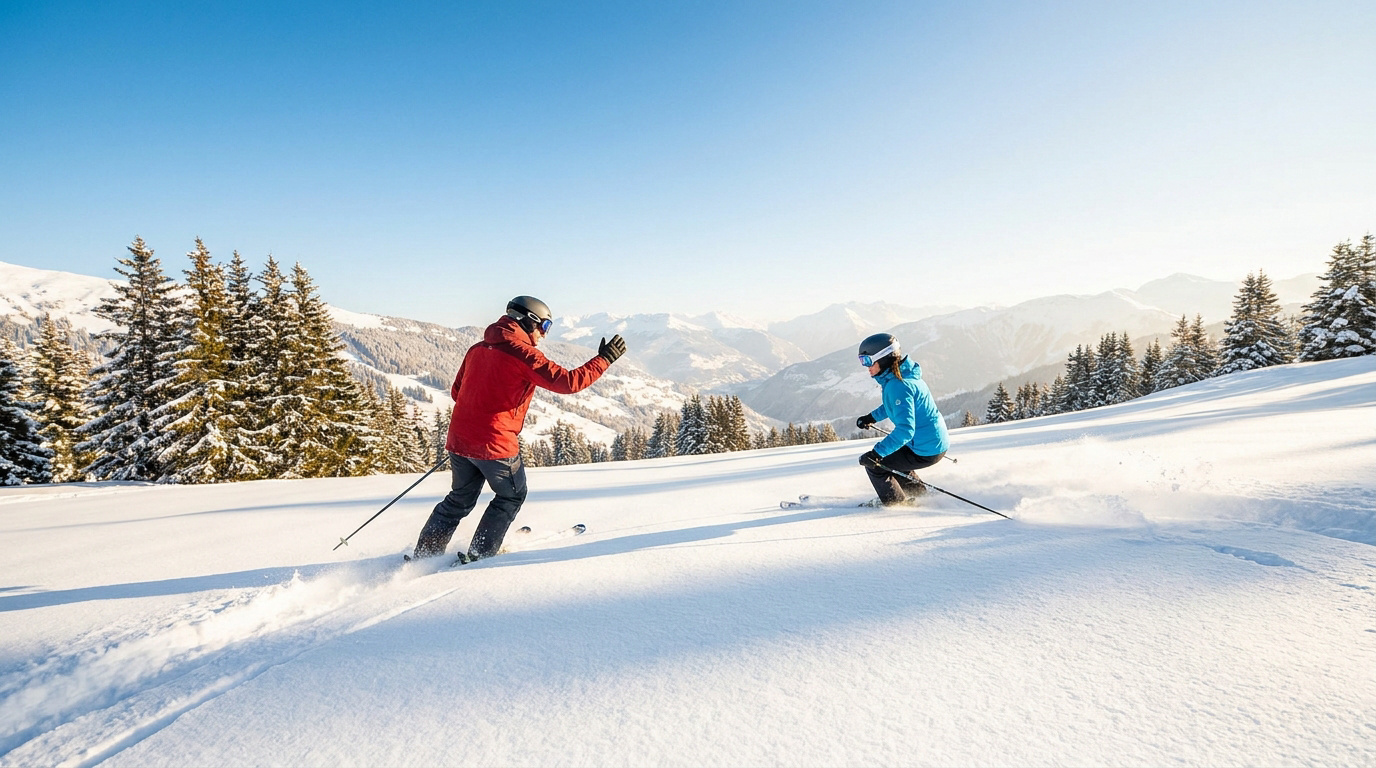 Deux skieurs, un instructeur et un élève, apprennent sur une piste enneigée sous un ciel bleu avec des montagnes en arrière-plan.