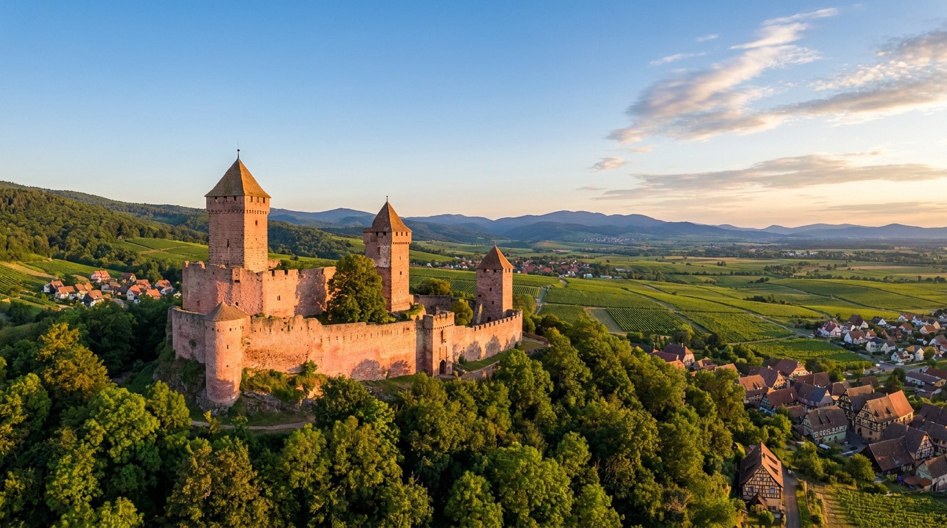 Vue aérienne des Trois Châteaux d'Eguisheim, en grès rose, surplombant vignobles et village au coucher du soleil.