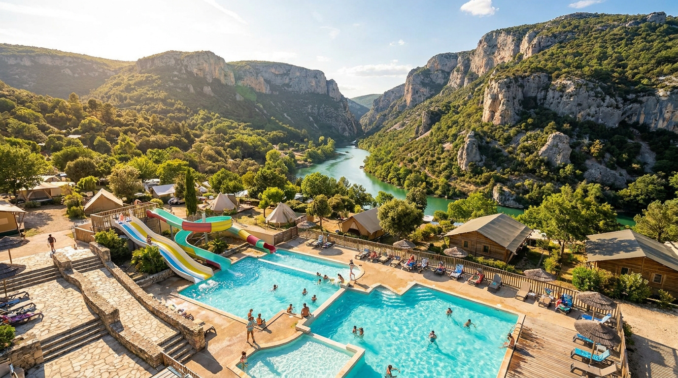 Vue aérienne d'un camping 4 étoiles avec piscine, toboggans et le fleuve Verdon serpentant entre les falaises verdoyantes.