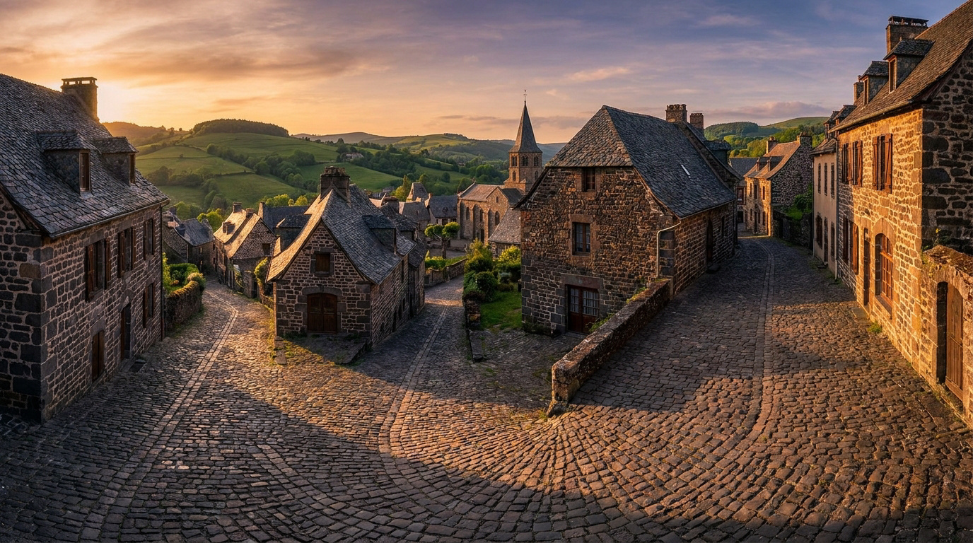Vue d'ensemble du village médiéval de Salers au coucher du soleil, avec ses maisons en pierre et ses rues pavées.