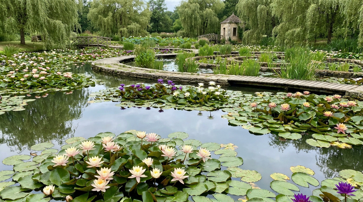 Bassin rempli de nénuphars colorés aux jardins d'eau de Carsac en Périgord, avec des ponts en bois et des saules pleureurs.