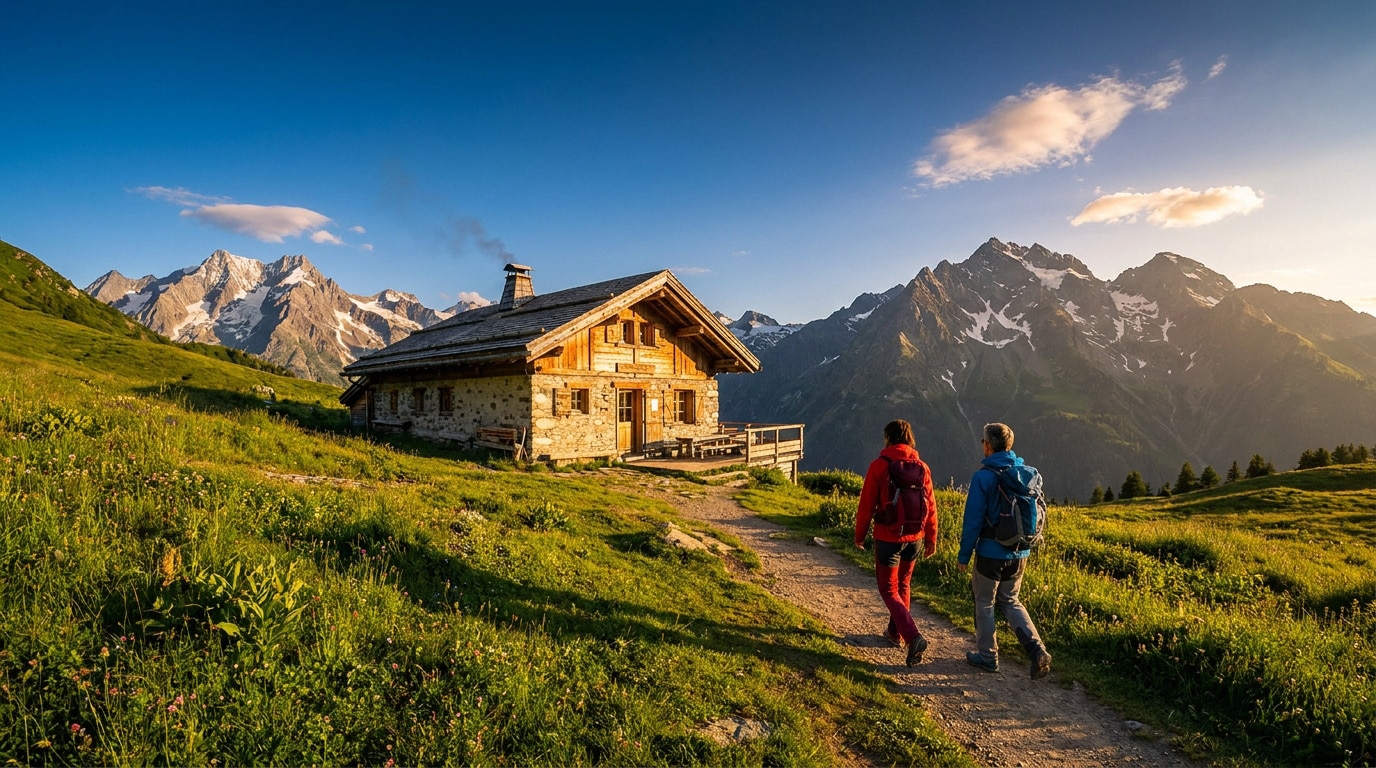 Couple de randonneurs marchant vers un refuge en bois traditionnel dans les Alpes au coucher du soleil.