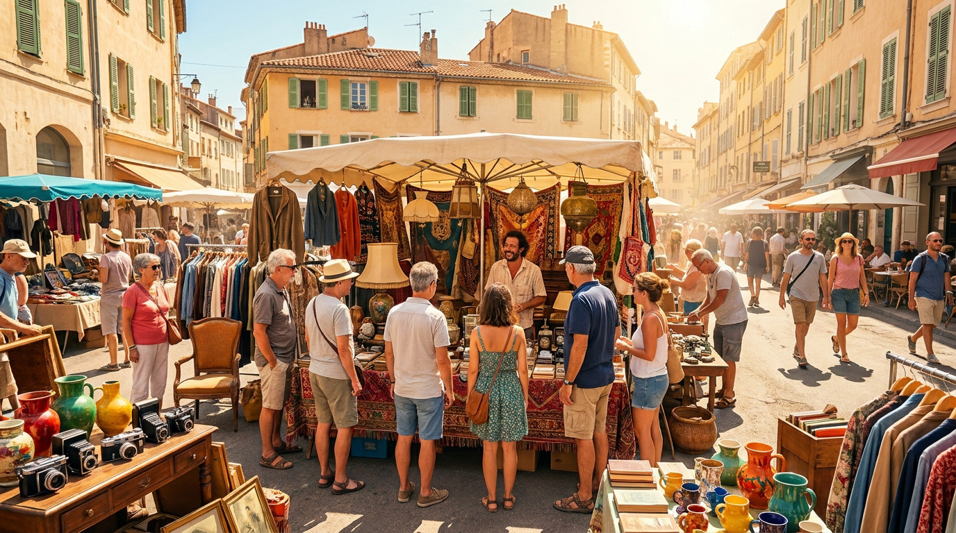 Foule de visiteurs explorant des étals d'antiquités et de vêtements sous le soleil au marché aux puces de Marseille.