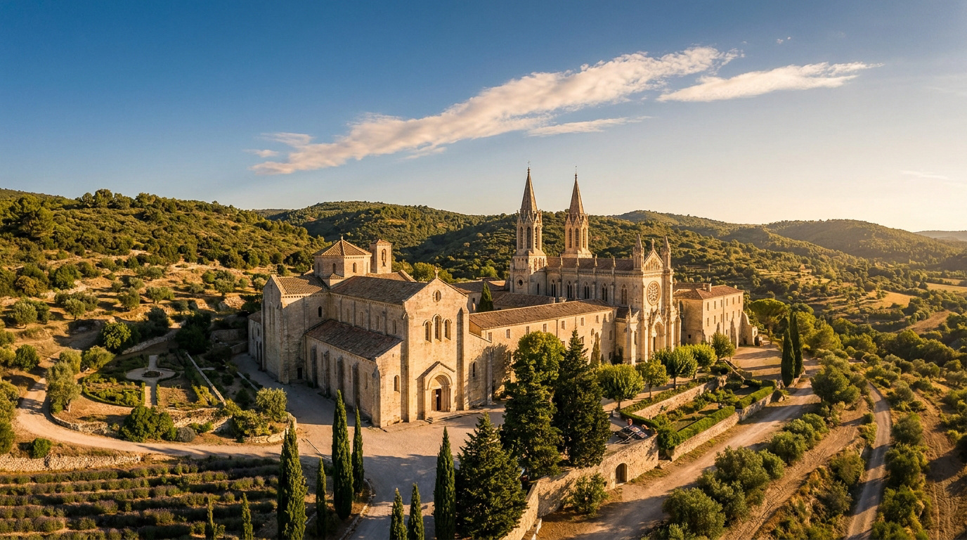 Vue aérienne de l'Abbaye Saint-Michel de Frigolet, un grand complexe monastique en pierre au milieu de collines boisées sous un ciel bleu.