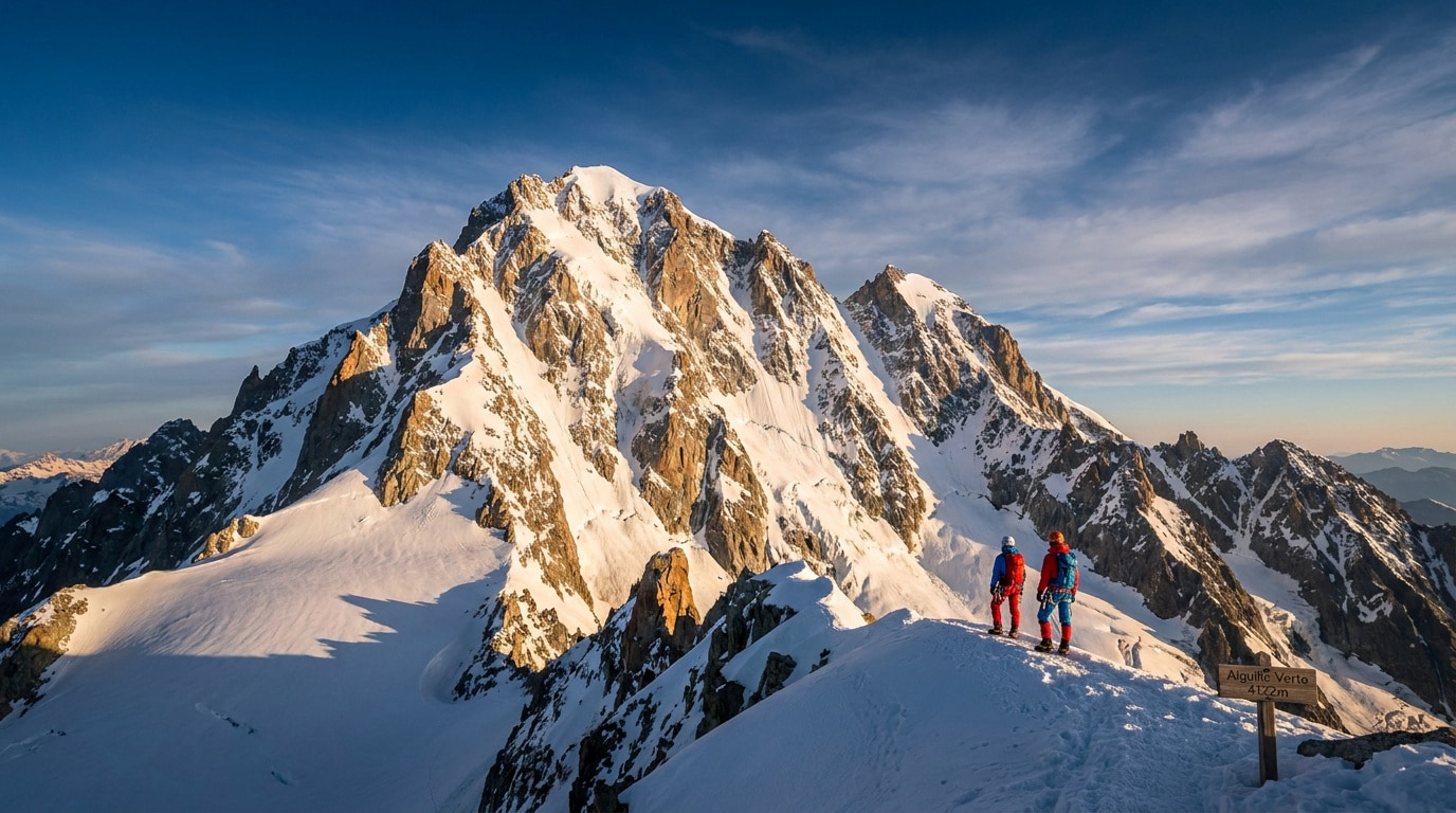 Deux alpinistes contemplent le sommet enneigé de l'Aiguille Verte avec un panneau indiquant l'altitude de 4 122 m.