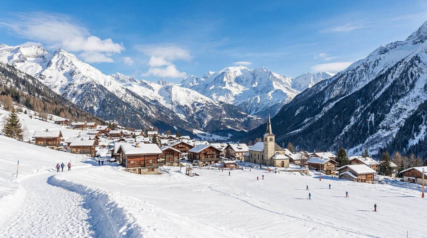 Village d'Argentière sous la neige avec des chalets, une église et les sommets enneigés du massif du Mont-Blanc en arrière-plan.