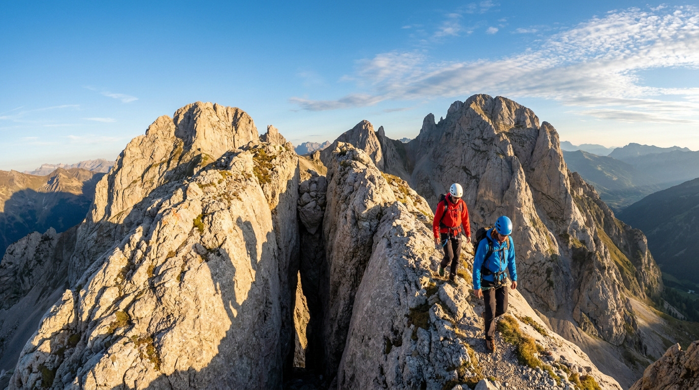 Deux randonneurs équipés de casques progressent sur une crête rocheuse escarpée au soleil couchant.