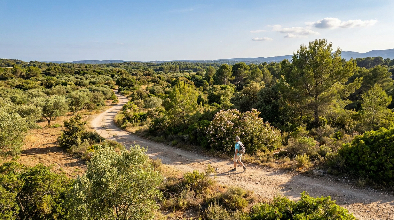 Un randonneur marche sur un sentier en terre traversant une forêt méditerranéenne luxuriante avec des oliviers et des pins sous un ciel bleu.