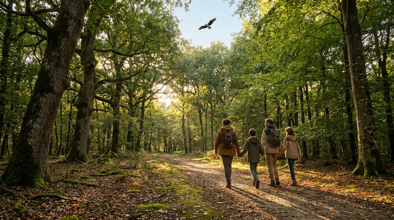 Famille de quatre en randonnée sur un sentier forestier ensoleillé. Un rapace plane au-dessus des grands arbres verts luxuriants.