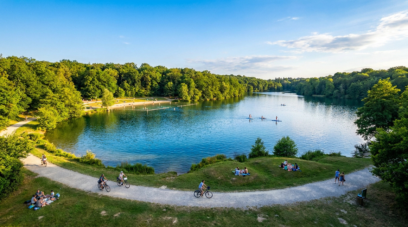 Vue panoramique d'un lac entouré de forêt avec des gens faisant du vélo, des pique-niques et du paddle.