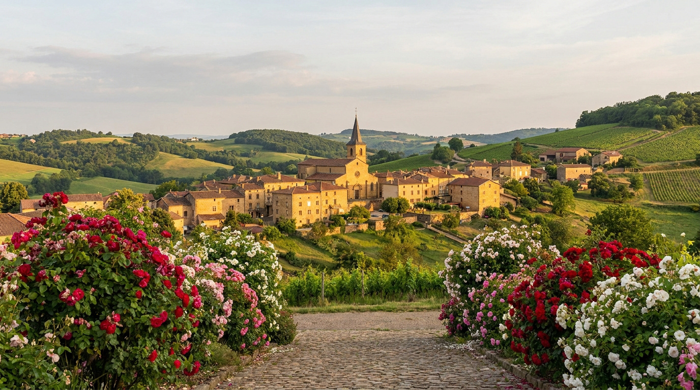 Vue du village du Bois d'Oingt, son église et ses maisons en pierre au milieu de vignobles et collines vertes, bordé de rosiers.