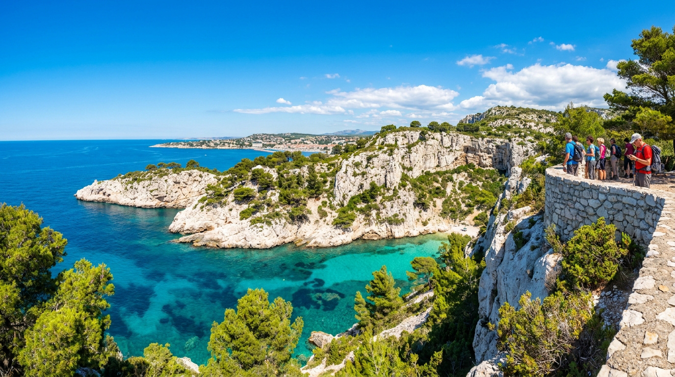 Des randonneurs sur le belvédère de Port-Miou observant les falaises blanches, la mer turquoise des calanques et la côte lointaine.