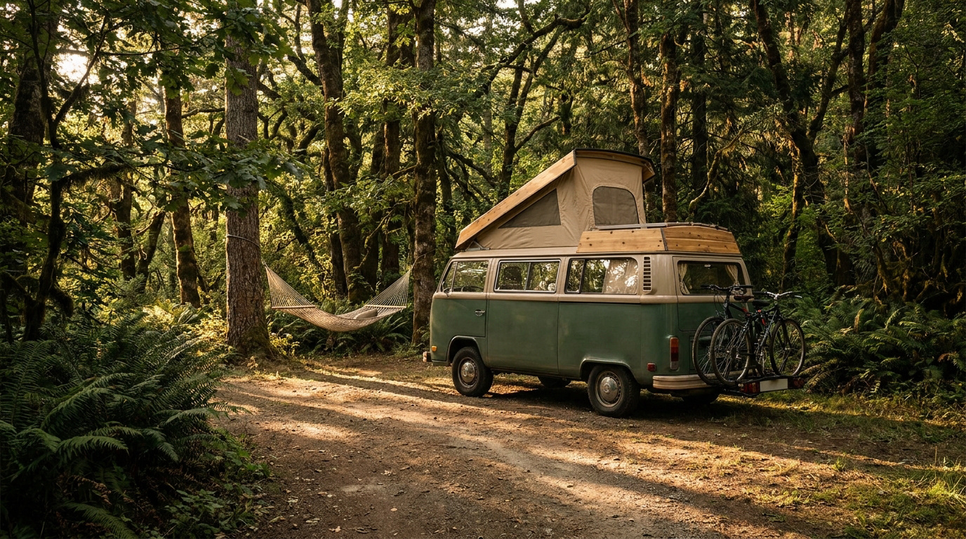 Un van Combi vert et beige avec toit relevable, des vélos à l'arrière, garé sur un chemin de terre dans une forêt luxuriante avec un hamac.