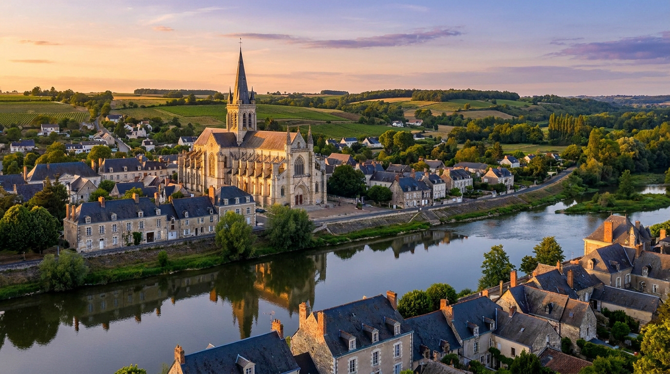 Vue aérienne de Candes-Saint-Martin au coucher du soleil, montrant la collégiale Saint-Martin de Tours le long d'une rivière.