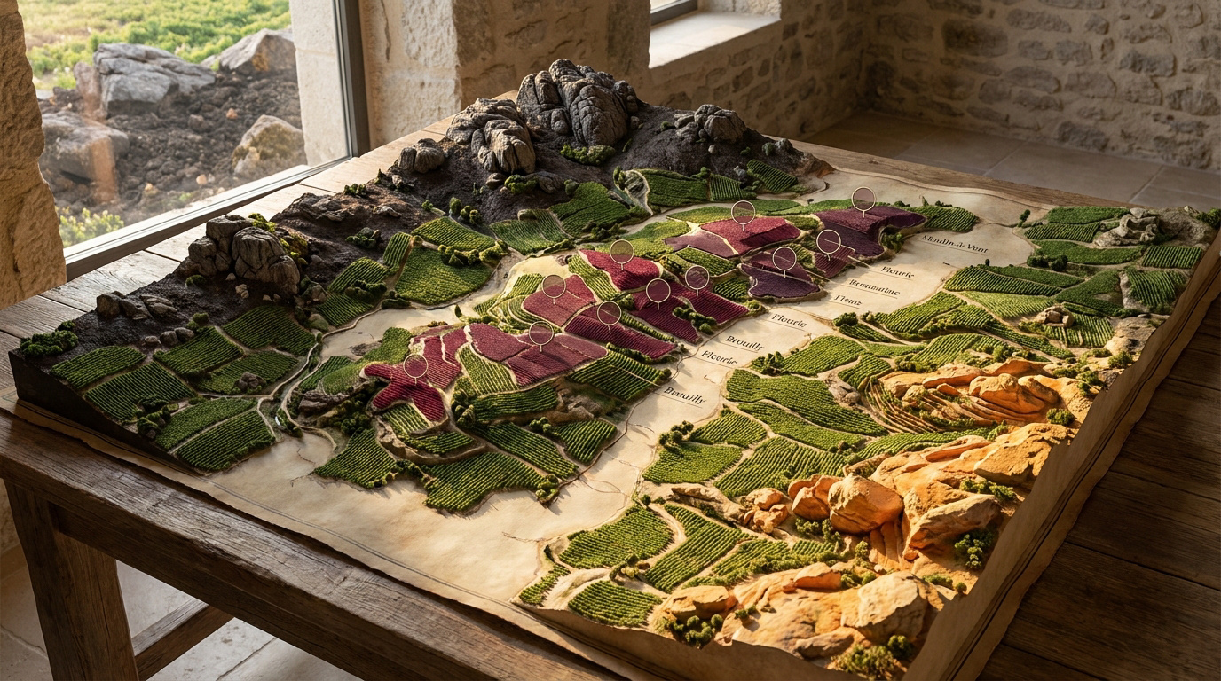 Maquette 3D détaillée des vignobles et terroirs du Beaujolais, avec les crus mis en évidence, posée sur une table en bois rustique.