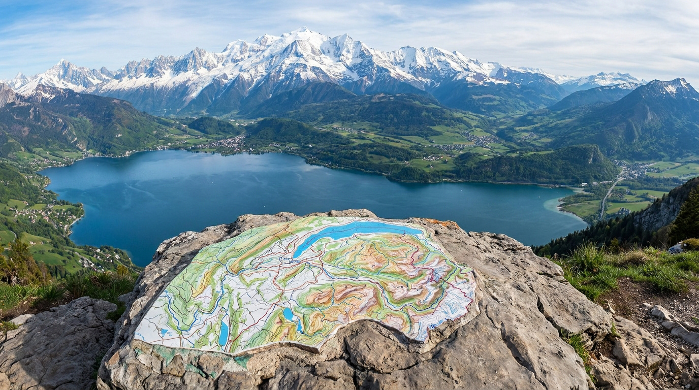 Carte topographique en relief sur un rocher, avec vue panoramique sur un grand lac alpin et des sommets enneigés de Haute-Savoie.