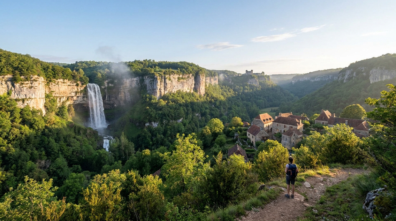 Un randonneur contemple le cirque d'Autoire : cascade, village médiéval et falaises verdoyantes sous un ciel bleu.