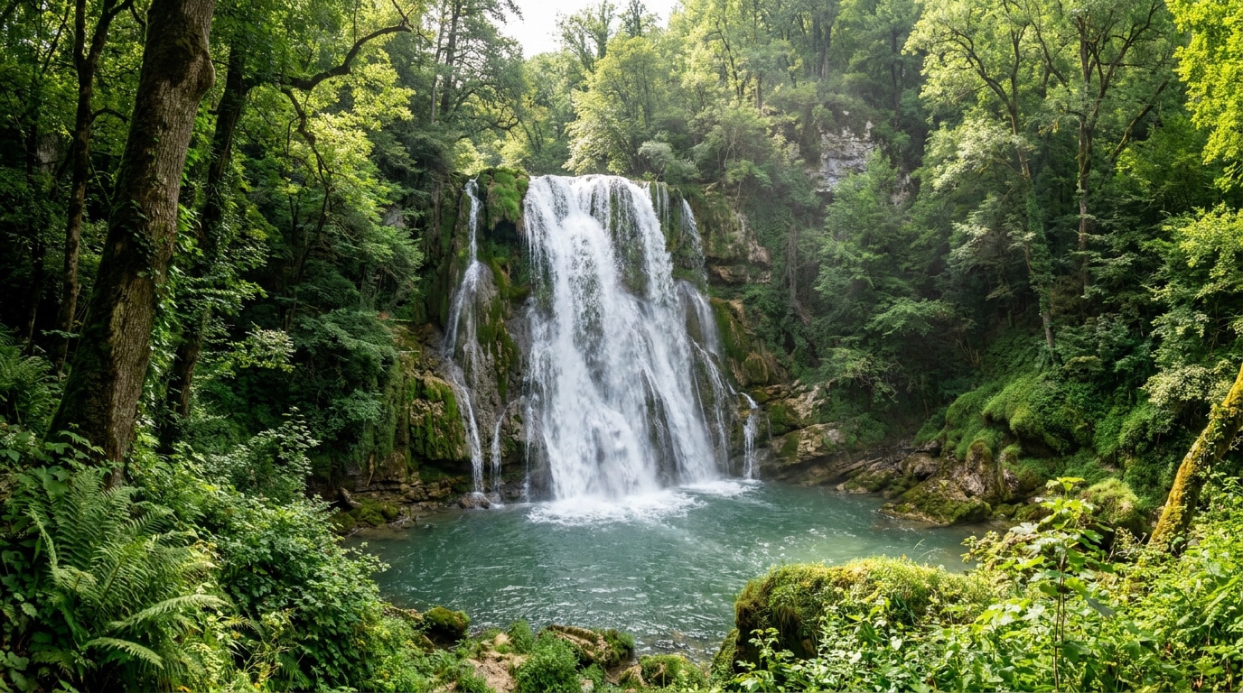 Cascade de Glandieu entourée d'une végétation luxuriante tombant dans un bassin turquoise.