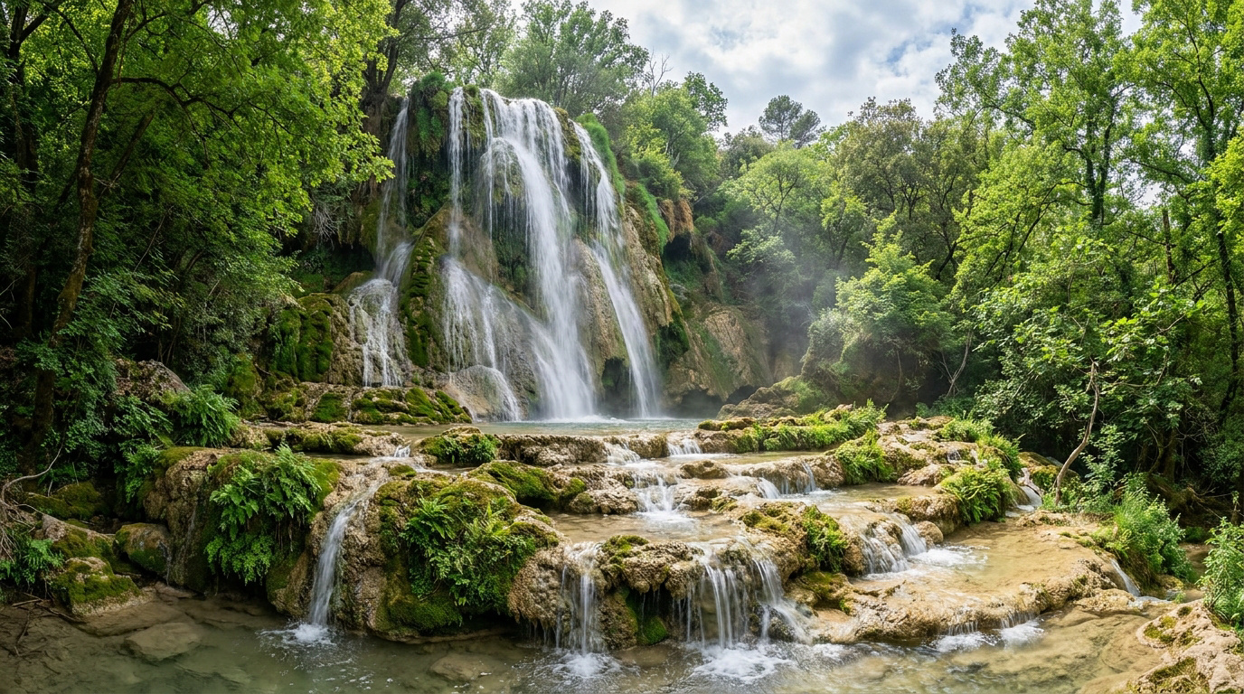 Photo panoramique de la Cascade de la Cassole à Cotignac, entourée d'une végétation luxuriante et de roches moussues.