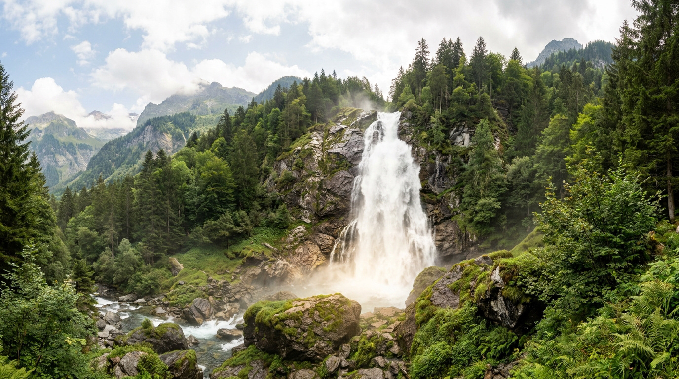 Vue panoramique de la puissante Cascade du Rouget entourée par une forêt dense et des sommets montagneux.