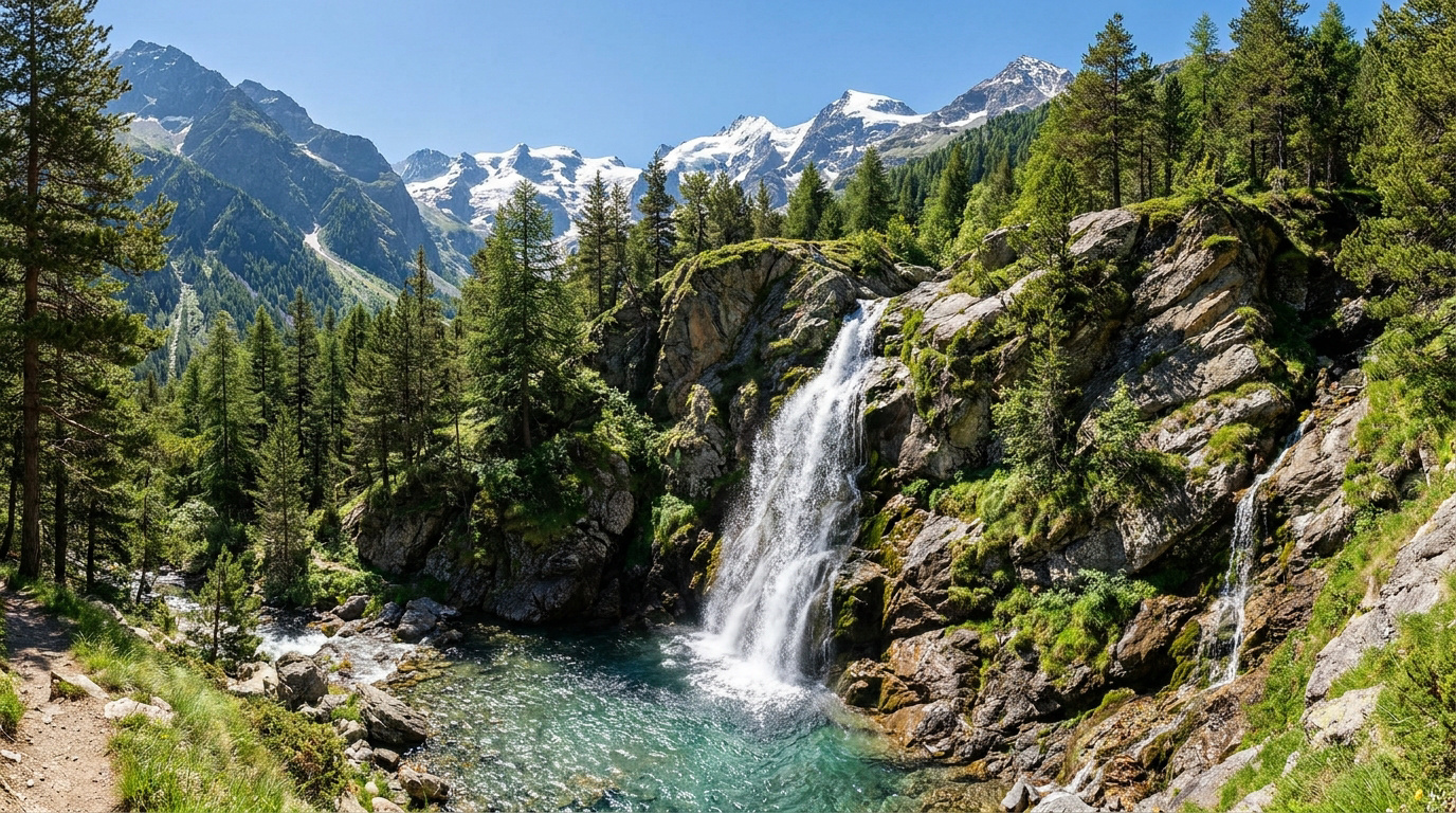 Cascade spectaculaire dans le Valgaudemar avec sommets enneigés et forêt de conifères en arrière-plan.