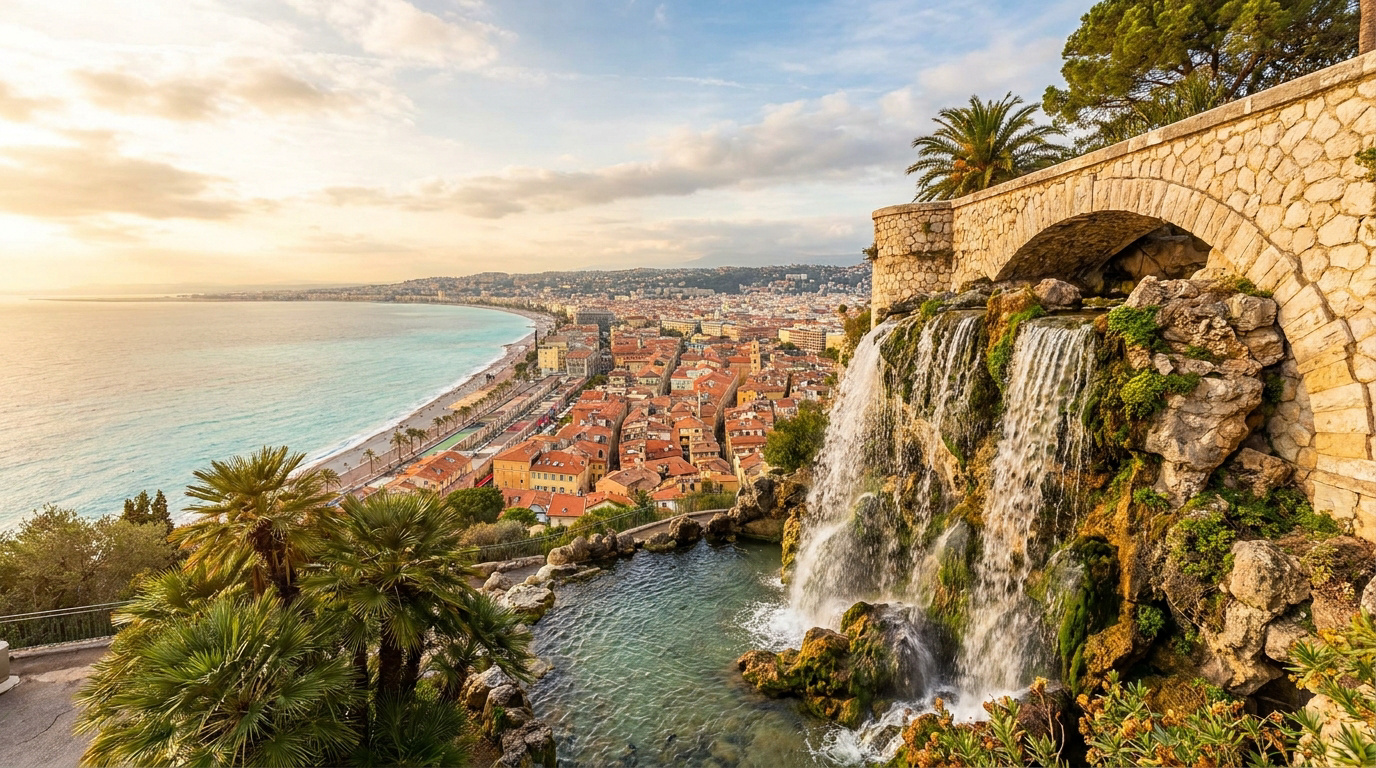 La célèbre cascade de la Colline du Château à Nice surplombant la Baie des Anges et la ville aux toits rouges au coucher du soleil.