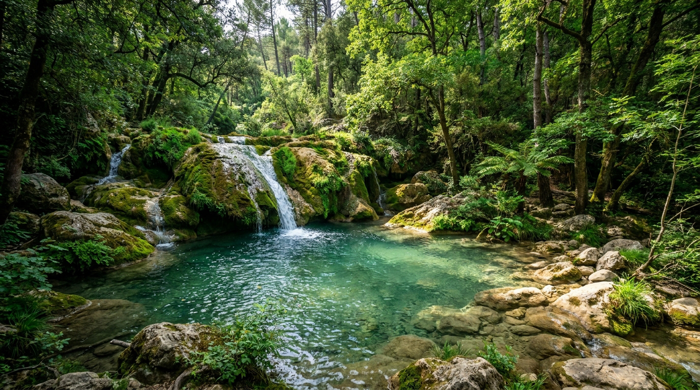 Une cascade idyllique dévale des rochers moussus pour former un bassin d'eau turquoise limpide, nichée dans une forêt dense et luxuriante.