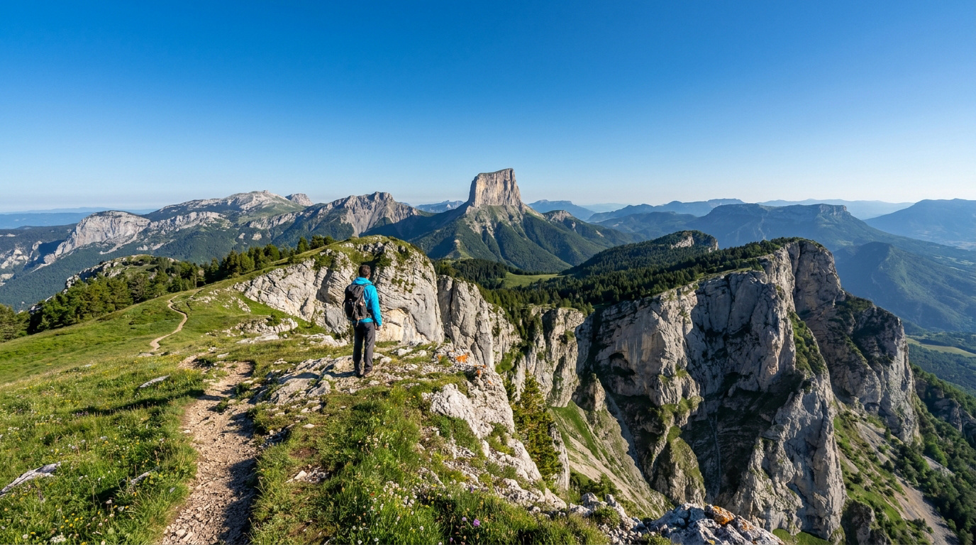 Un randonneur admirant le Mont Aiguille depuis un sentier sur les crêtes du massif du Vercors sous un ciel bleu.