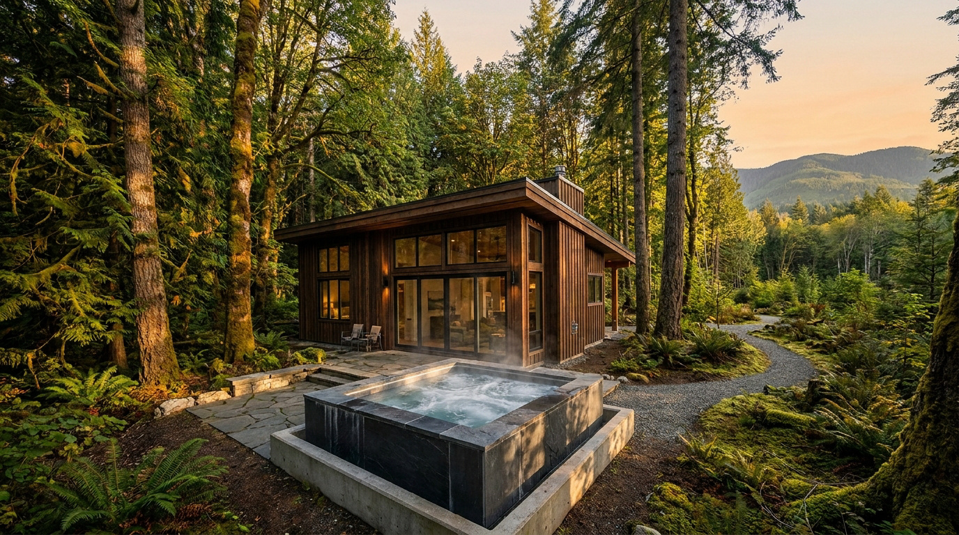 Cabane en bois moderne avec jacuzzi extérieur dans une forêt luxuriante au crépuscule.