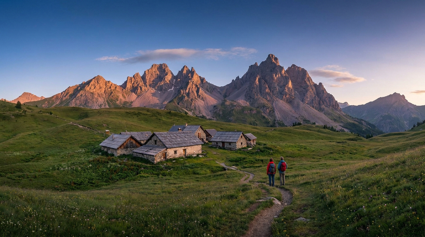 Deux randonneurs marchent sur un sentier vers des chalets traditionnels en pierre au pied de montagnes majestueuses.