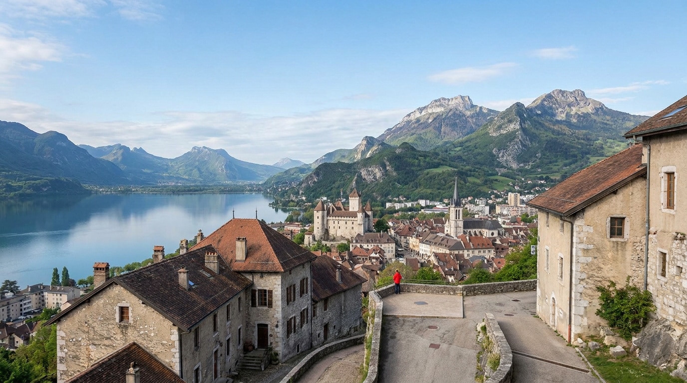 Vue en hauteur sur les toits d'Annecy, le château, le lac et les montagnes des Alpes en arrière-plan.