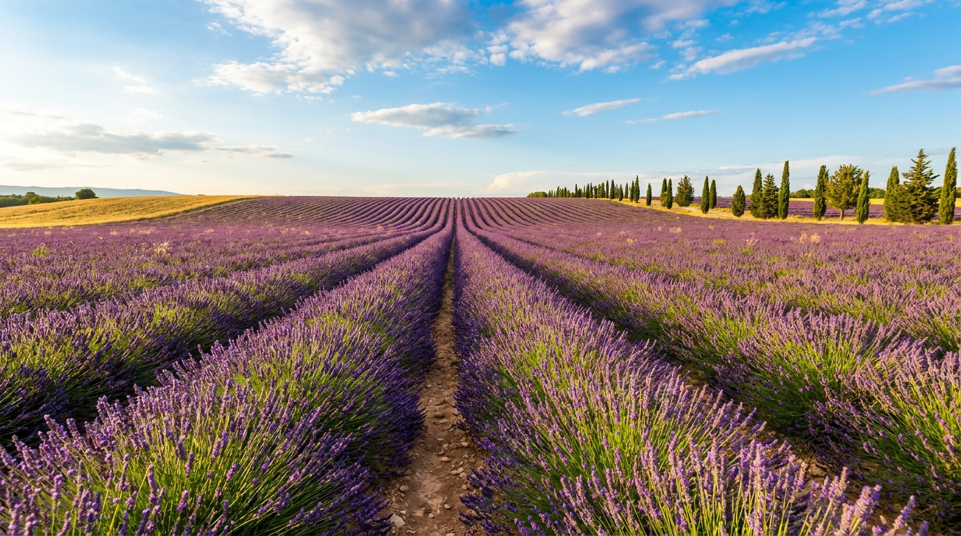 Champ de lavande violette en fleurs avec des allées s'étendant à l'horizon, sous un ciel bleu parsemé de nuages en Provence.