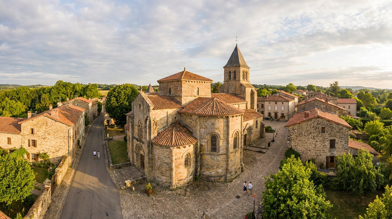 Vue aérienne du prieuré roman et des maisons en pierre du village médiéval de Champdieu sous une lumière dorée.