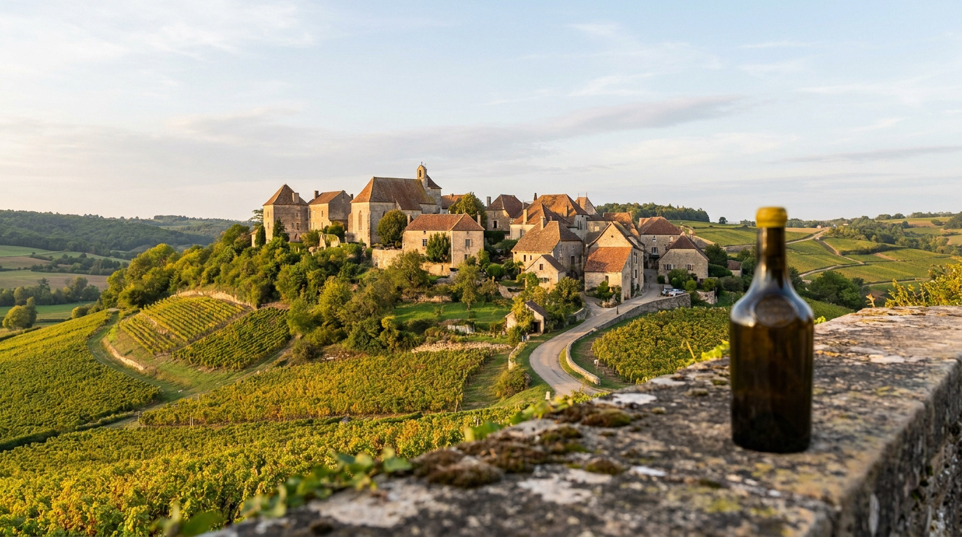 Village de Château-Chalon perché, entouré de vignobles verdoyants, route sinueuse et bouteille de Vin Jaune en avant-plan.