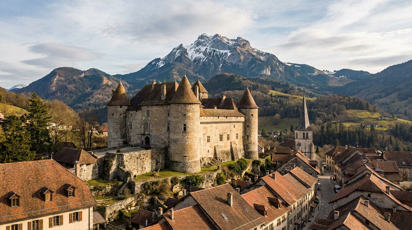 Vue aérienne du château médiéval de Bonneville entouré par les toits de la ville et les sommets enneigés du Môle.