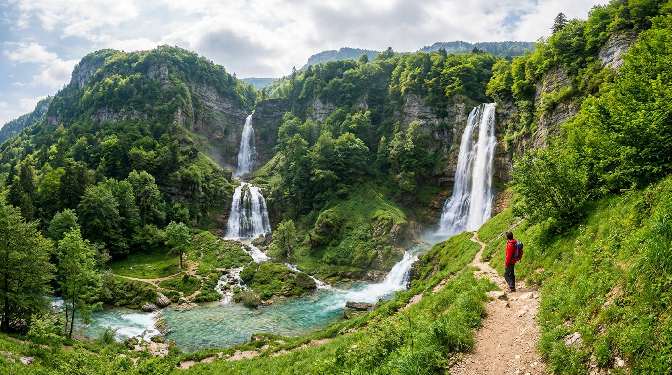 Randonneur observant les spectaculaires cascades du Cirque de Saint-Même dans les Alpes françaises.