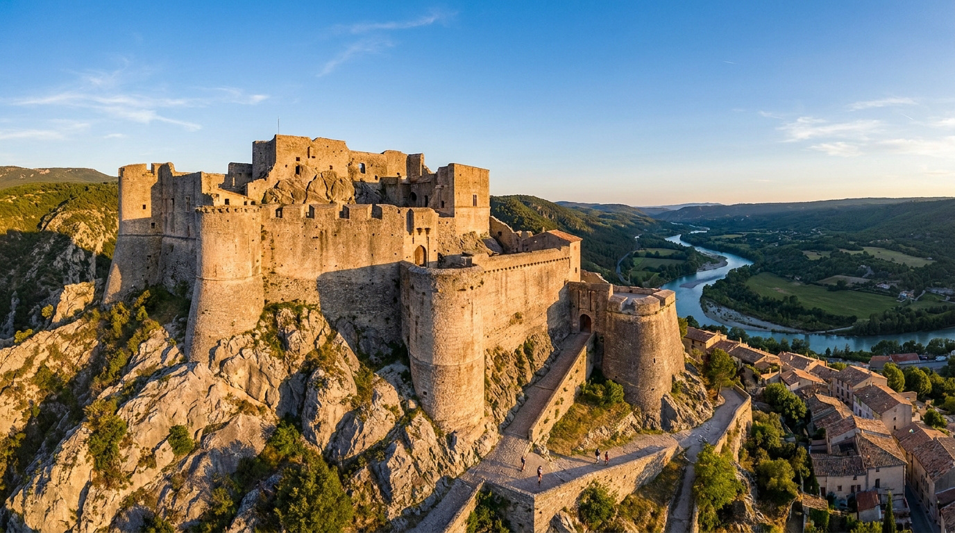 Vue aérienne de la citadelle d'Entrevaux, ses remparts perchés sur un rocher, un village et une rivière serpentent dans la vallée.
